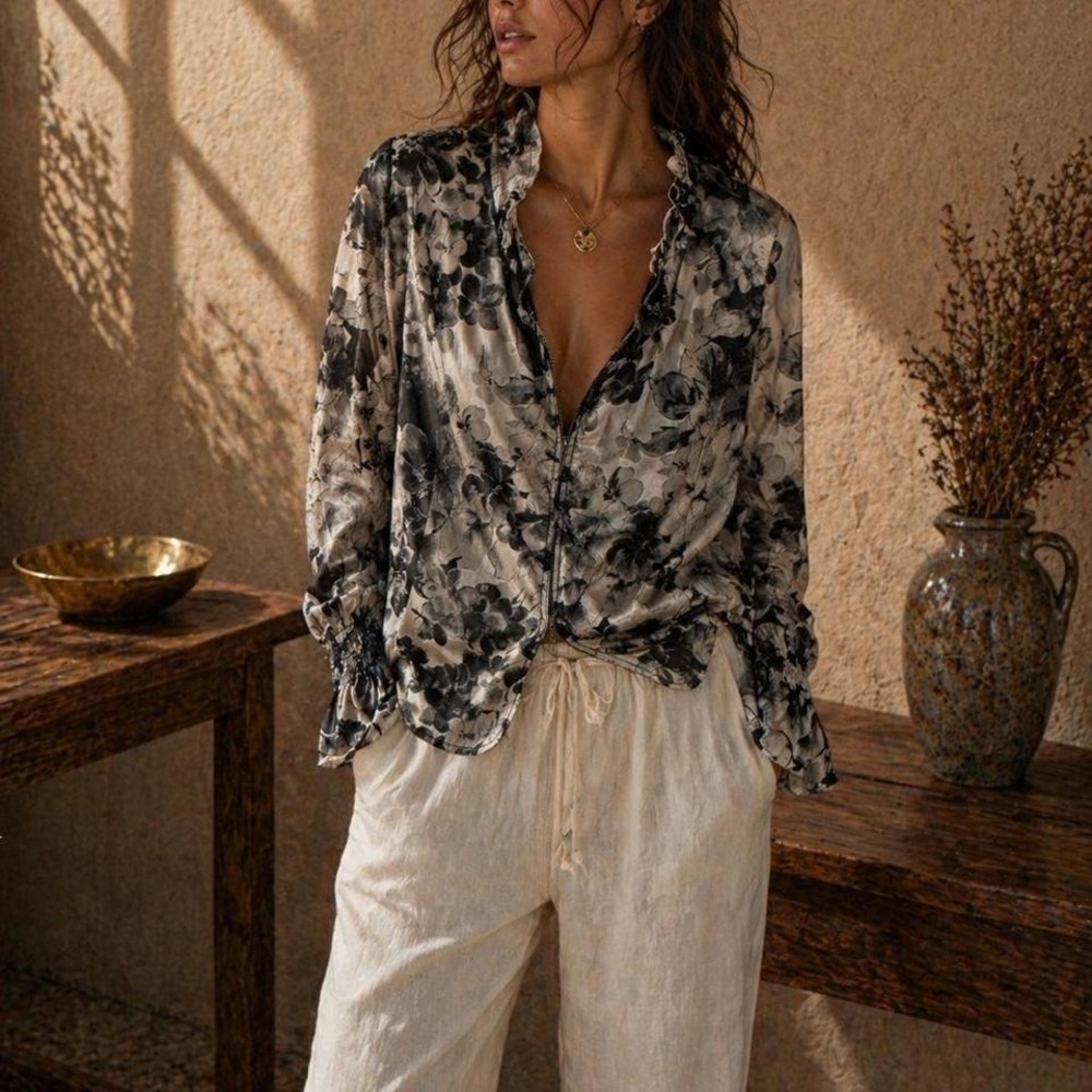 Ellen Tracy black floral blouse with tie front #floral #blouse